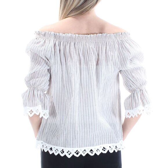 MAX STUDIO Womens Beige Striped 3/4 Sleeve Off Shoulder Peasant Top Size: S - Picture 4 of 4